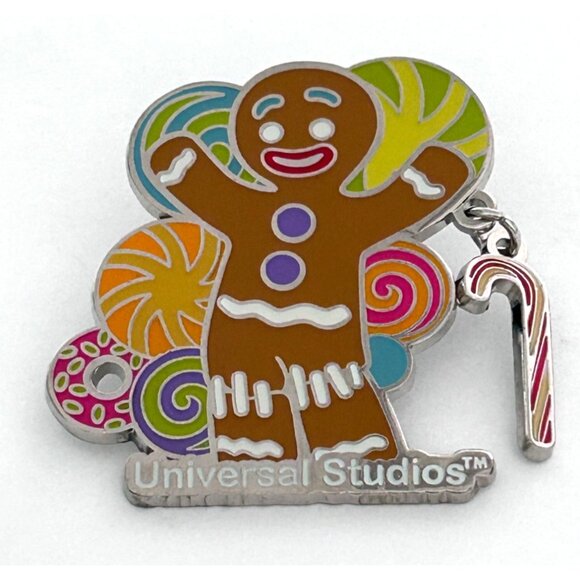 Universal Studios Shrek 4D Gingerbread Man Gingy Pin Dangle Candy Cane Charm - Picture 1 of 4